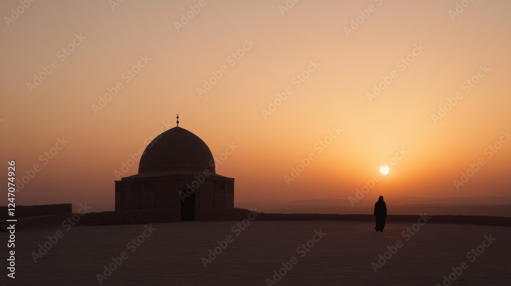 Obraz premium Sunrise at a mosque, silhouette of a person, desert landscape. Possible use Travel photography, religious imagery