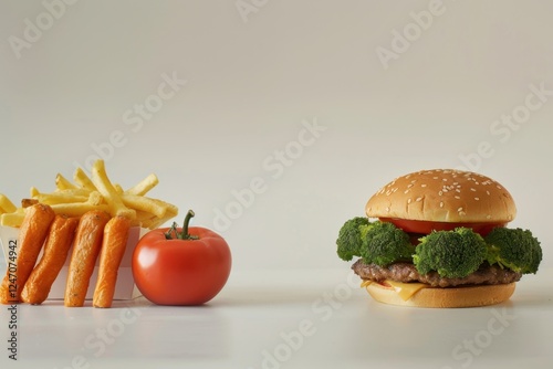 Fresh vegetables juxtaposed with indulgent burger and fries illustrating healthy versus unhealthy eating choices photo