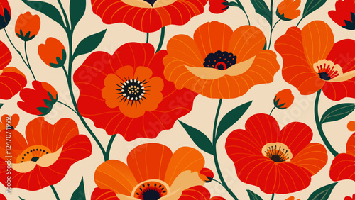 Generative ai. a seamless pattern of red poppies on a beige background. The flowers and leaves are vibrant and detailed, creating a beautiful and eye-catching design