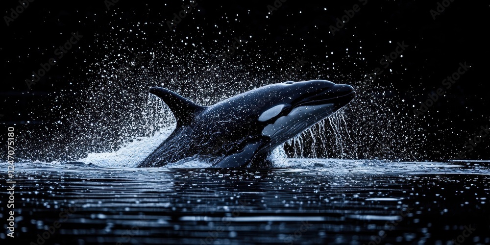 Obraz premium World wildlife day with conservation and marine concept. Orca breaching in dark waters with splashes of water droplets.