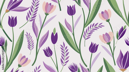 Generative ai. a seamless pattern of purple crocuses on a white background. The flowers and leaves are painted in a vibrant purple hue, creating a beautiful and eye-catching design