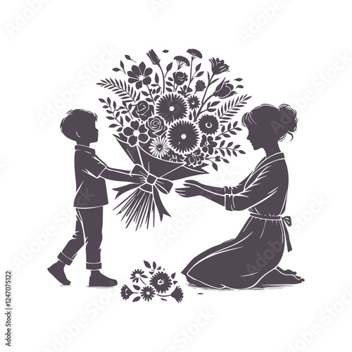 Mother's Day Silhouette: Child Presenting Flowers to Mom