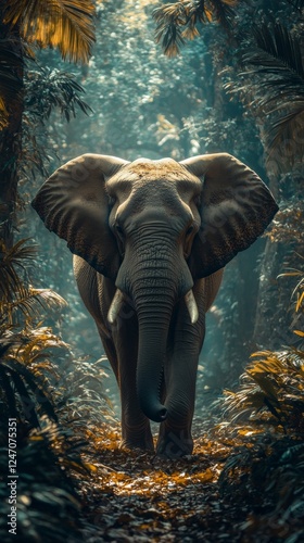 Majestic elephant walking through lush tropical forest at dawn