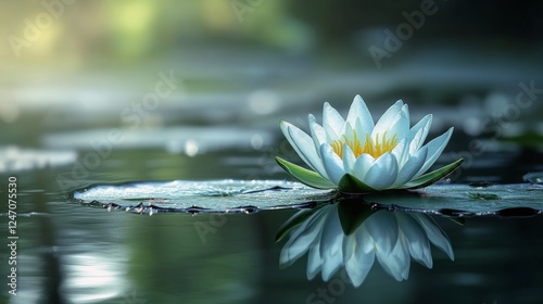 Large green lily pads floating on calm water in a tranquil natural setting du...