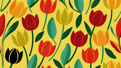 Generative ai. a painting of red and yellow tulips on a bright yellow background. The tulips are vibrant and full of life, with their petals and leaves standing out against the vivid yellow backdrop
