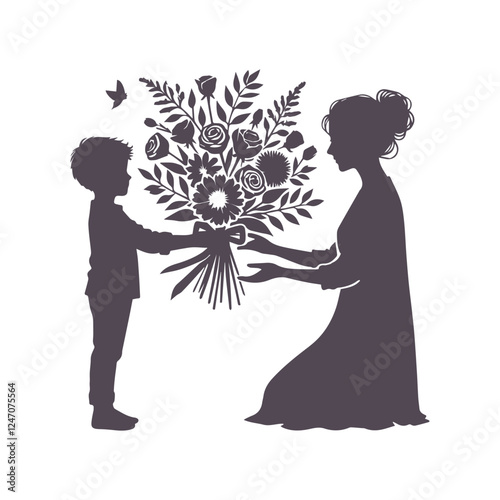 Mother's Day Silhouette: Child Presenting Flowers to Mom