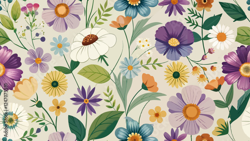 Wallpaper Mural Generative ai. a seamless floral pattern with a variety of colorful flowers and leaves on a white background Torontodigital.ca