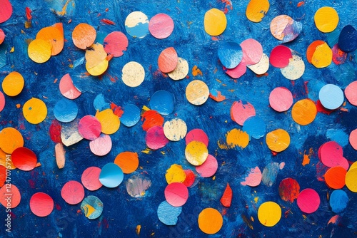 Colorful confetti scattered across a bright blue surface for celebration them...