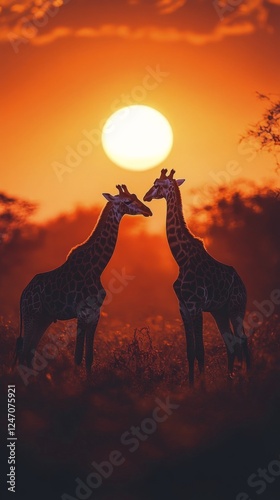 Two giraffes share a moment against a vibrant sunset in the savanna landscape