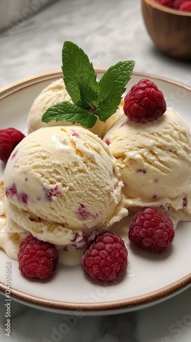 Creamy raspberry ice cream served with fresh raspberries and mint on a marble...