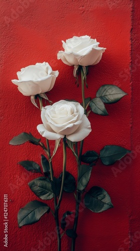 Elegant white roses arranged against a vibrant red background displaying natu...