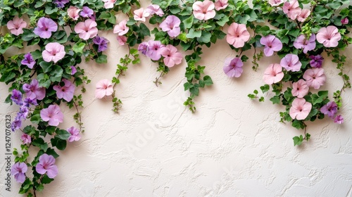 Vibrant purple flowers and greenery create a beautiful decorative frame on a ...