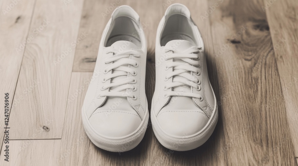 White Sneakers on Wooden Floor White Sneakers on Wooden Floor