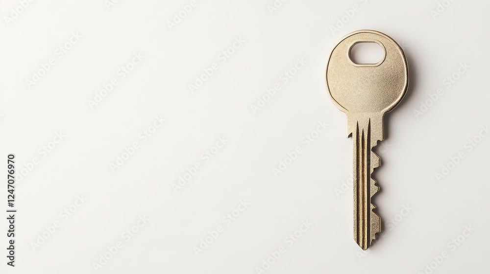 Minimalistic shot of a single silver key on a white background, suitable for real estate, home improvement, or locksmith services. Minimalistic shot of a single silver key on a white background, suitable for real estate, home improvement, or locksmith services.