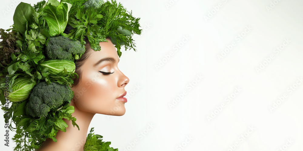 Portrait of young woman adorned with fresh vegetables, greens and herbs, symbolizing natural beauty, health, and sustainability. Clear white background, concept of wellness and eco-friendly living. Portrait of young woman adorned with fresh vegetables, greens and herbs, symbolizing natural beauty, health, and sustainability. Clear white background, concept of wellness and eco-friendly living.