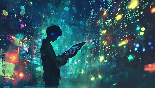 Internet Things (IoT) idea, with a person using a laptop and digital tablet connected to the internet and coding, generated by AI