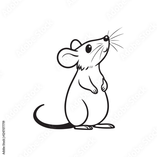 A black and white line drawing of a cute mouse vector.