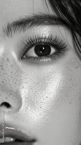 Close-up view of a woman's eye showcasing detailed eyelashes and deep gaze in...