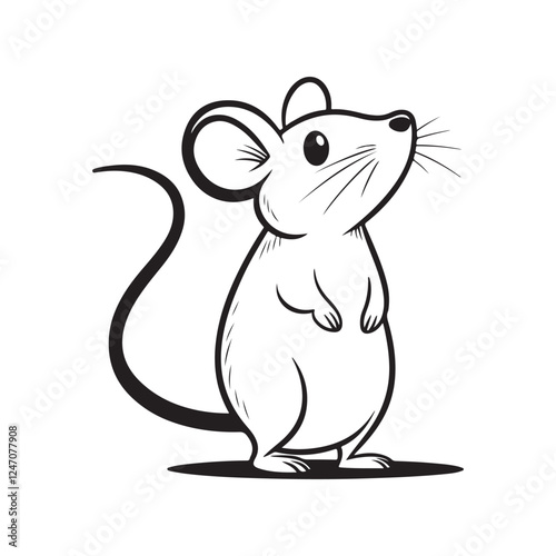 A black and white line drawing of a cute mouse vector.