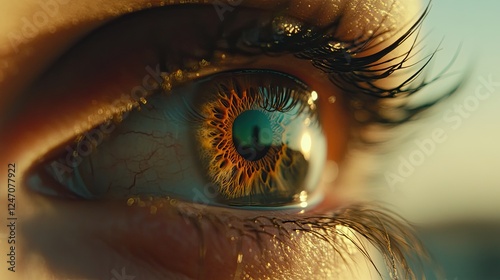 A striking, high-resolution image of a hazel eye, with intricate details, framed by earthy greens, evoking feelings of curiosity and introspection
