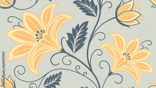 Generative ai. a seamless floral pattern with orange flowers and leaves on a gray background. The flowers are vibrant and the leaves are detailed, creating a beautiful and eye-catching design