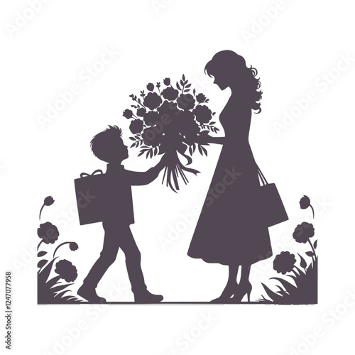 Mother's Day Silhouette: Child Presenting Flowers to Mom