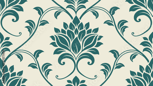 Generative ai. a green and white damask wallpaper with a floral design. The pattern is intricate and detailed, with a variety of shapes and colors that create a beautiful and eye-catching design