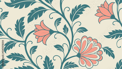 Generative ai. a seamless floral pattern with pink and blue flowers on a white background. The flowers are arranged in a repeating pattern, creating a beautiful and eye-catching design