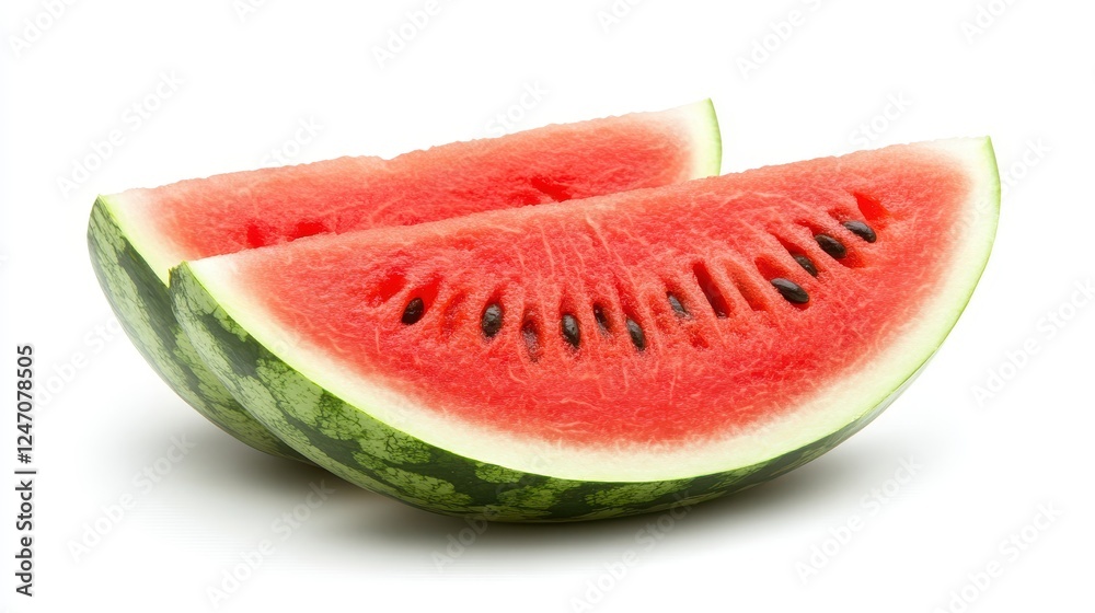 Isolated shot of a fresh, juicy watermelon slice on a white background. Ideal for promoting summer beverages or healthy snacks. Isolated shot of a fresh, juicy watermelon slice on a white background. Ideal for promoting summer beverages or healthy snacks.