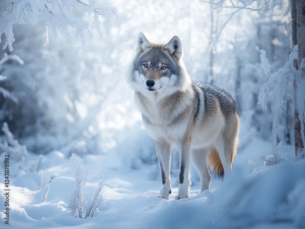 Naklejka premium A wolf walking through a snowy forest on a winter day.