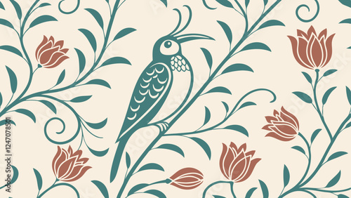 Wallpaper Mural Generative ai. a wallpaper with a bird and flowers on it. The bird is perched atop a branch with lush green leaves and vibrant flowers surrounding it Torontodigital.ca
