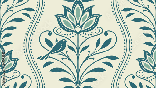 Generative ai. a blue and white paisley pattern with a bird perched on it. The pattern is composed of intricate swirls and shapes in shades of blue, creating a beautiful and eye-catching design