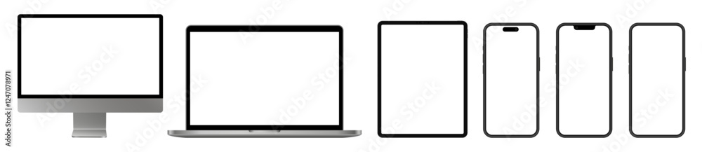Mockup of silver computer monitor, laptop, tablet screen and mobile phones. Social media promotion. Advertising on a smartphone display. Device front view. 3D smart pad with shadow. Cell phone Mockup of silver computer monitor, laptop, tablet screen and mobile phones. Social media promotion. Advertising on a smartphone display. Device front view. 3D smart pad with shadow. Cell phone