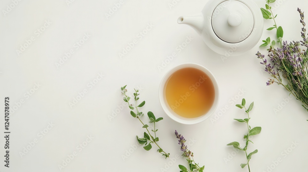 Isolated shot of a single cup of herbal tea with a small teapot, placed on a white background. Great for promoting wellness or tea-related products. Isolated shot of a single cup of herbal tea with a small teapot, placed on a white background. Great for promoting wellness or tea-related products.