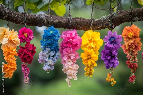 Beautiful display of vibrant flowers hanging from a branch in a lush garden d...