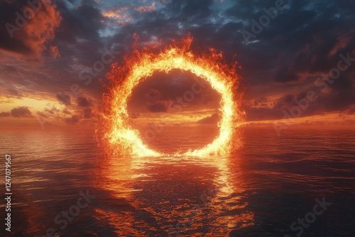 Spectacular sunset view of a flaming ring over tranquil ocean waters