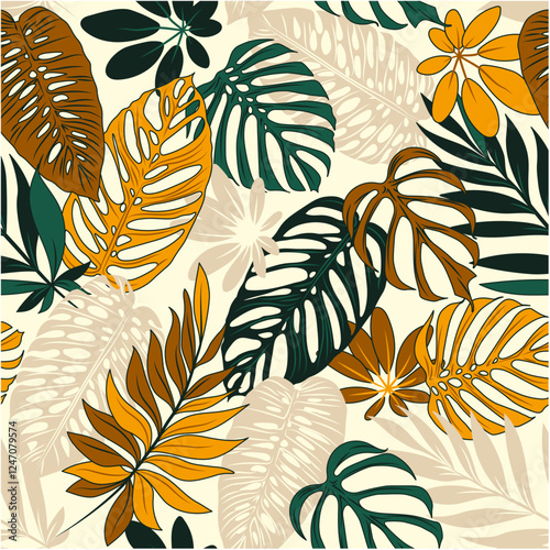 Botanical seamless tropical pattern with colorful plants and leaves on beige background. Exotic tropics. Summer. Vector illustration