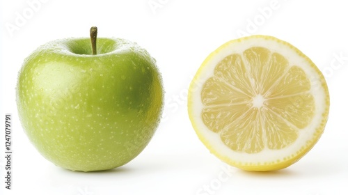 Isolated shot of a green apple and a half-sliced lemon, perfect for promoting healthy juices, snacks, or wellness products.