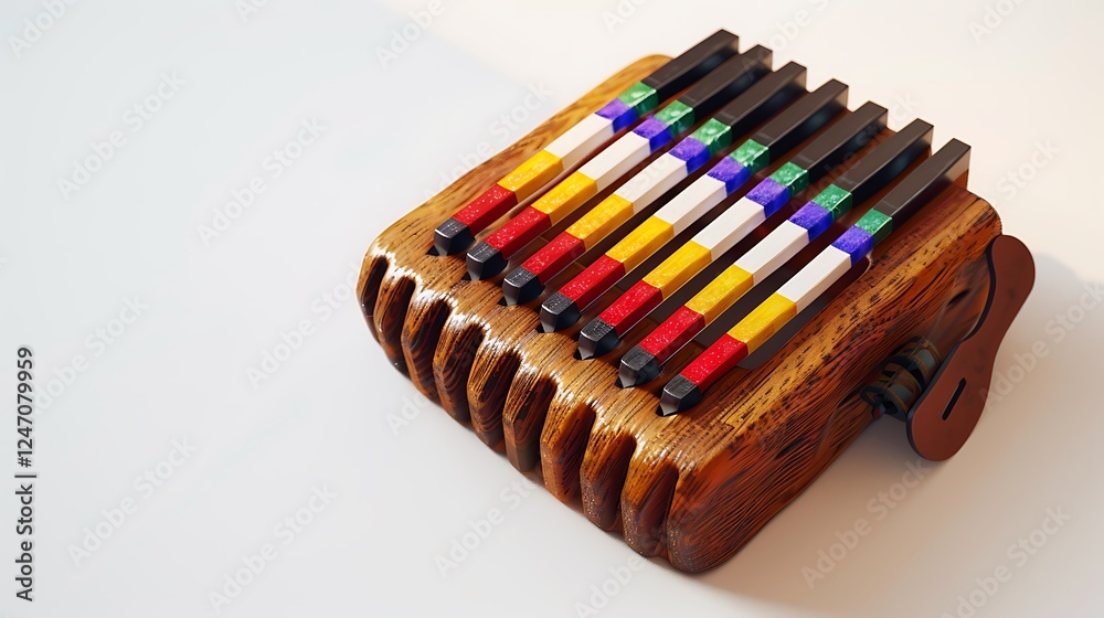 A vibrant kalimba with multicolored keys, resting on a clean white background. A vibrant kalimba with multicolored keys, resting on a clean white background.