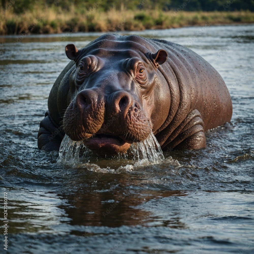 A hippo emerging from a river surrounded by birds. Cute Baby Hippopotamus in Water Hippopotamus in Water Close Up Portrait of African Wildlife A hippo emerging from a river surrounded by birds. Cute Baby Hippopotamus in Water Hippopotamus in Water Close Up Portrait of African Wildlife