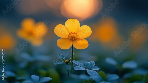 Vibrant yellow flower blooming amidst green leaves at sunset in a tranquil ou...