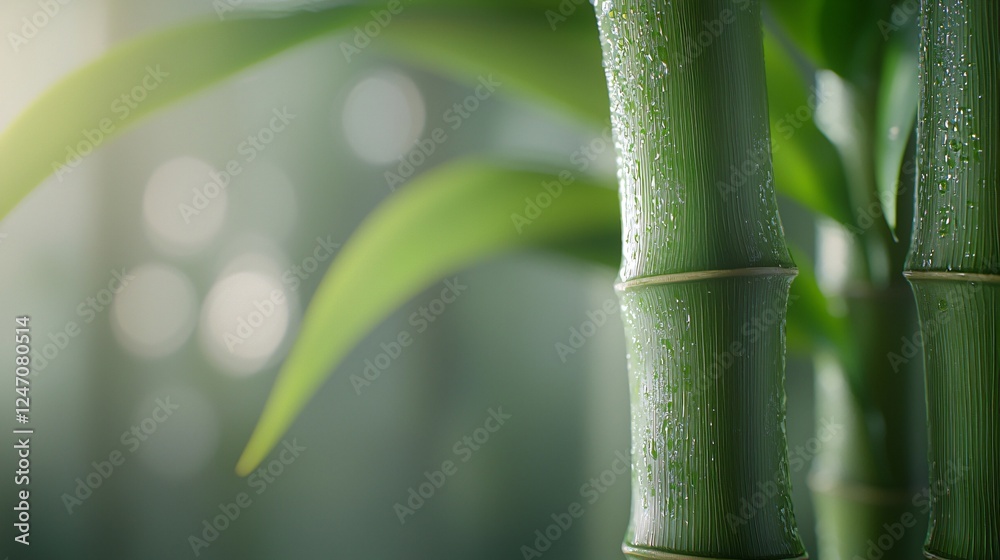 Dewy bamboo stalks, forest background, nature serenity Dewy bamboo stalks, forest background, nature serenity