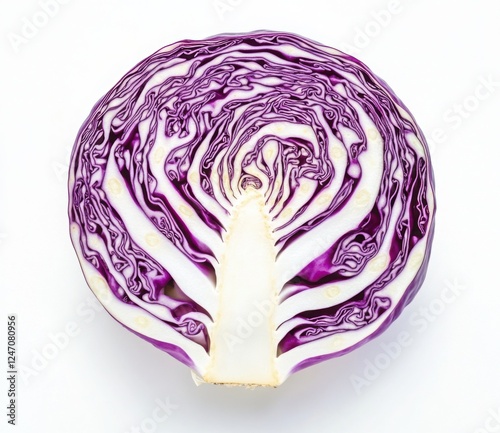 Red Cabbage Cross Section: A vibrant cross-section of a red cabbage reveals its intricate, swirling pattern of deep purple and white layers, a captivating study in texture and color. 