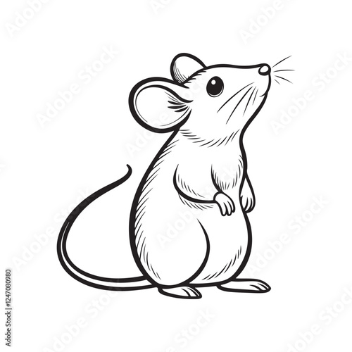 A black and white line drawing of a cute mouse vector.