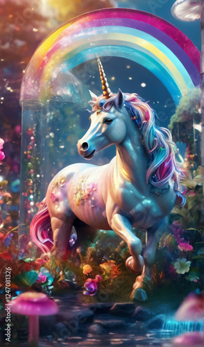 A beautiful unicorn in a magical forest. Fantasy, fairytale, and dreamlike scene with a mythical creature, perfect for children's designs and whimsical illustrations.