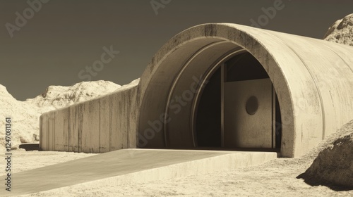 Concrete tunnel entrance on desert landscape. Possible stock photo use  future architecture, travel photo