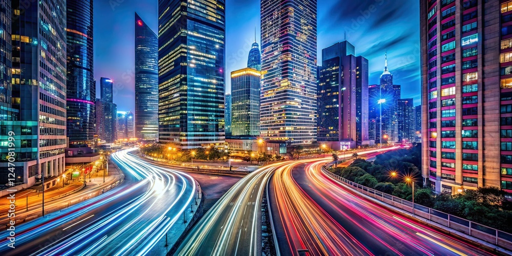 Obraz premium Long Exposure Cityscape at Night, Abstract Urban Lights, AI Photography