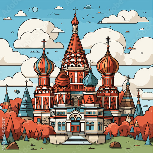 Saint Basil's Cathedral hand-drawn comic illustration. Cathedral of Vasily the Blessed. Vector doodle style cartoon illustration
