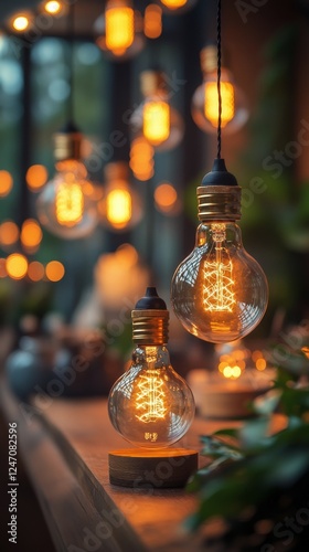 Decorative light bulbs illuminate a modern indoor space with a warm glow and ...