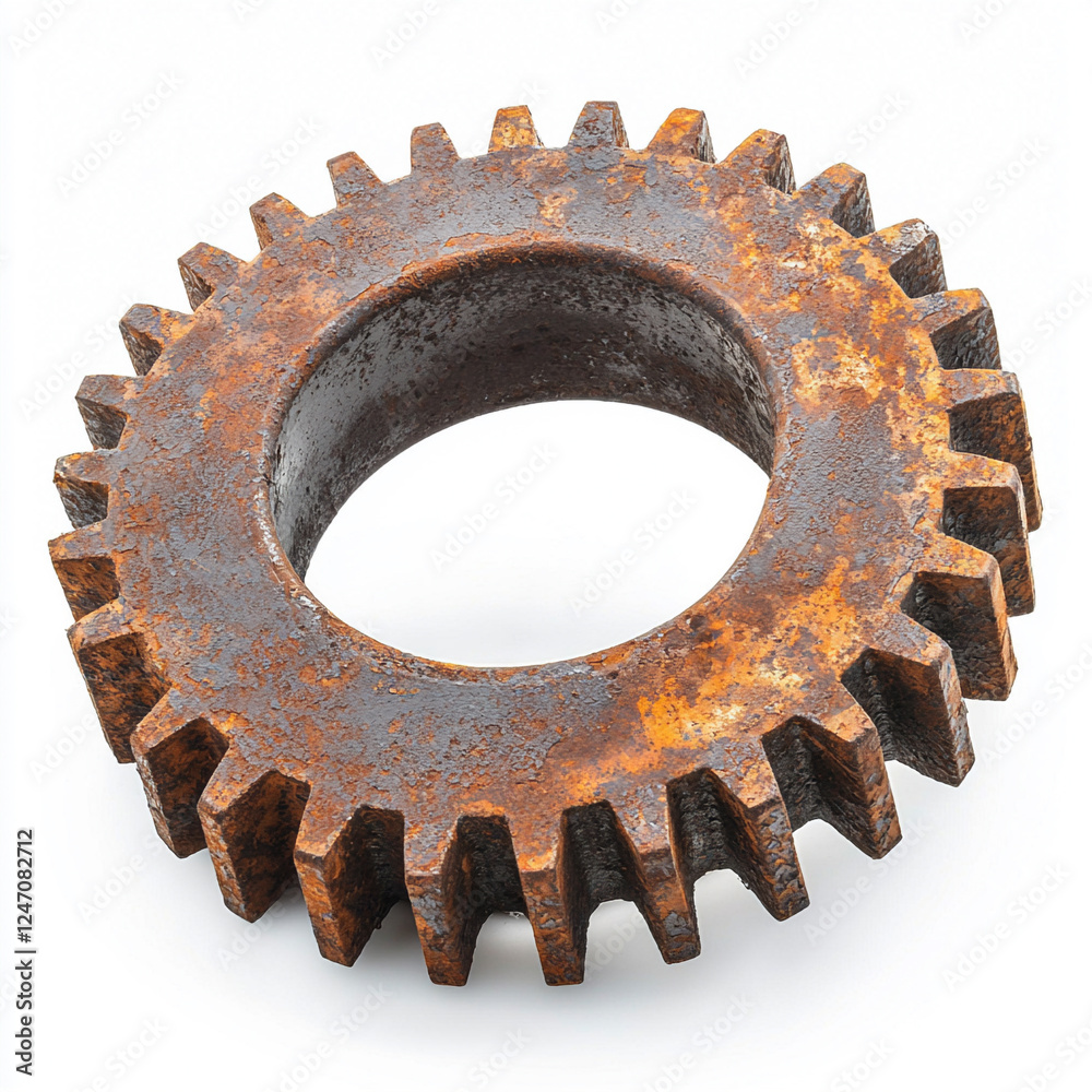 Rusty metal gear resting on a white background, showcasing intricate design and wear from years of use Rusty metal gear resting on a white background, showcasing intricate design and wear from years of use